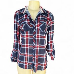 Womens Navy Red Plaid Button-Front Shirt